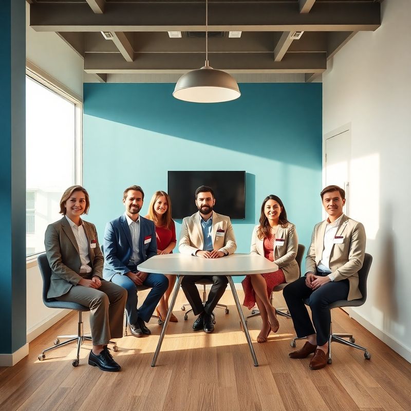 Echipă profesională într-o sală de ședințe modernă cu accente azurii, în ținută formală