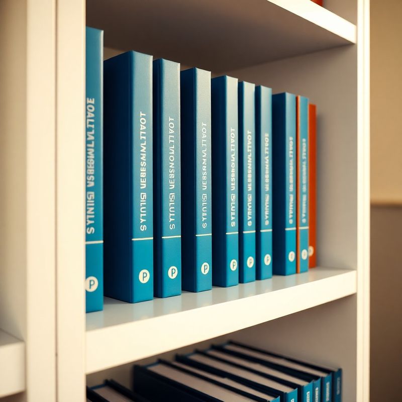 Rând ordonat de bibliorafturi de arhivă pe un raft alb, cu sistem de etichete albastre
